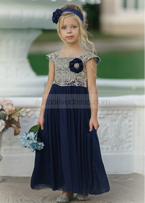 Gold Lace Navy Blue Tulle Ankle Length Flower Girl Dress